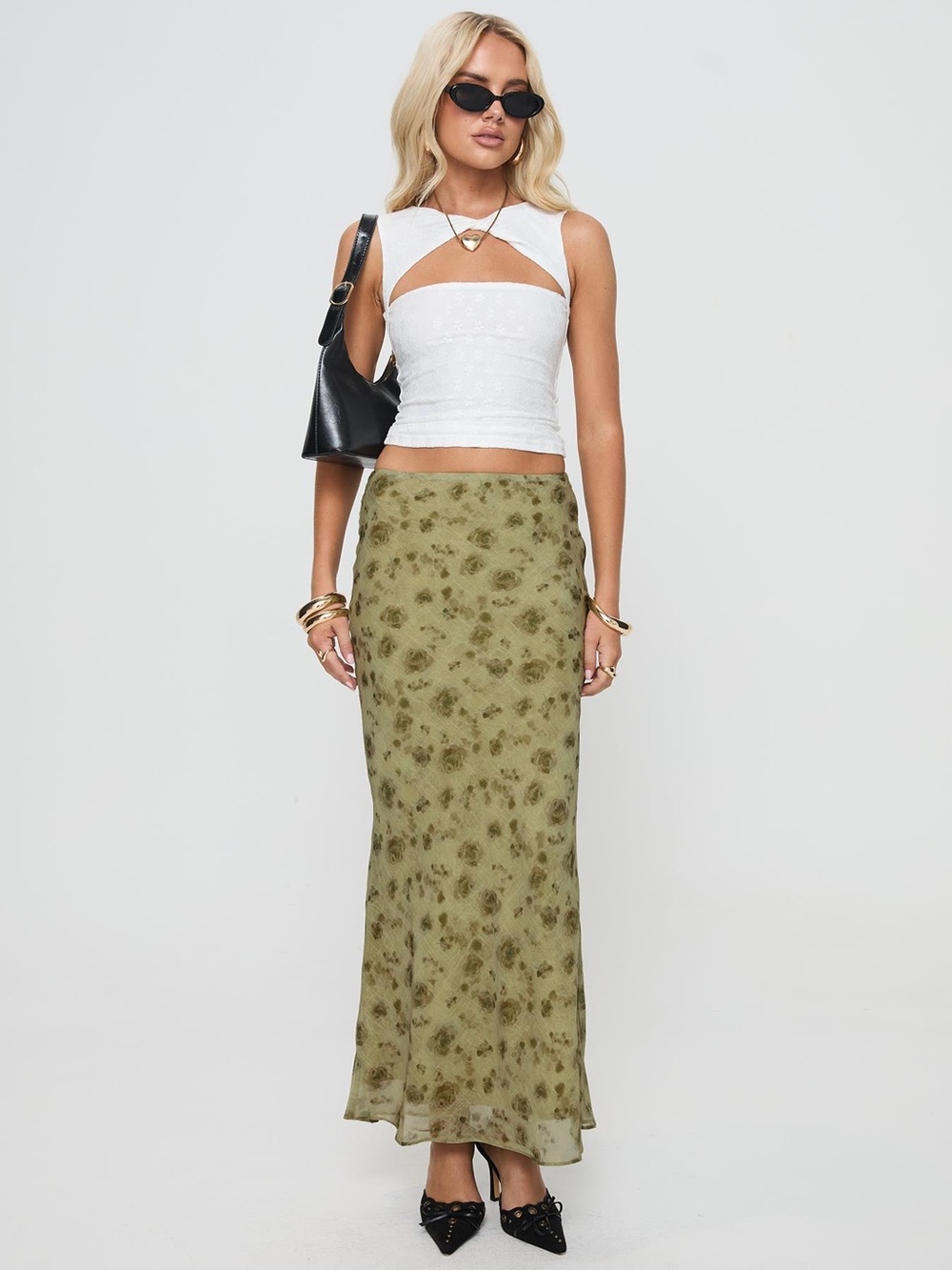Princess Polly Womens Small Size 2 Piazia Chiffon Maxi Skirt Green Floral